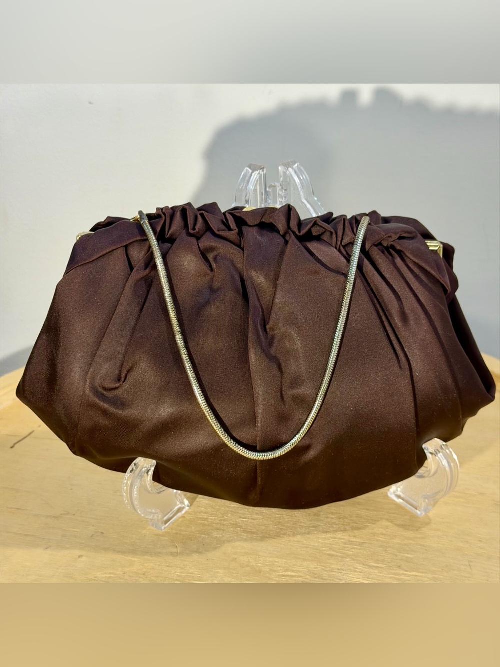 Brown Satin Kiss lock Ruched Evening Clutch with Chain Strap